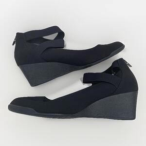 Anne Klein Wedges Shoes Sandals Sz 9.5 Womens Black Nylon Elastic Strap